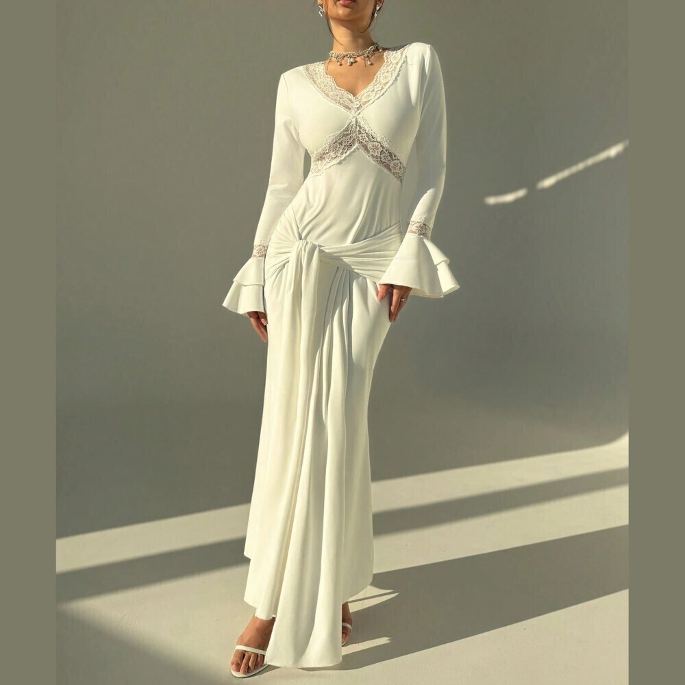 Ivory Lace-Trim Maxi Dress with Ruffle Bell Sleeves